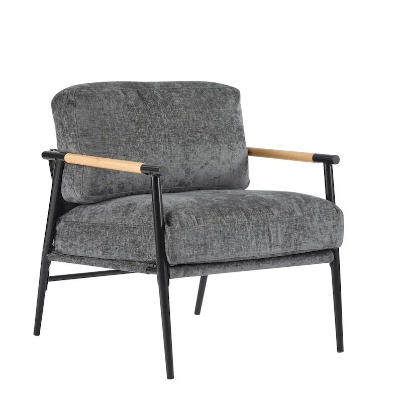 Modern Accent Chair with Plush Cushions, Minimalist Metal Frame, and Wooden Armrest Design