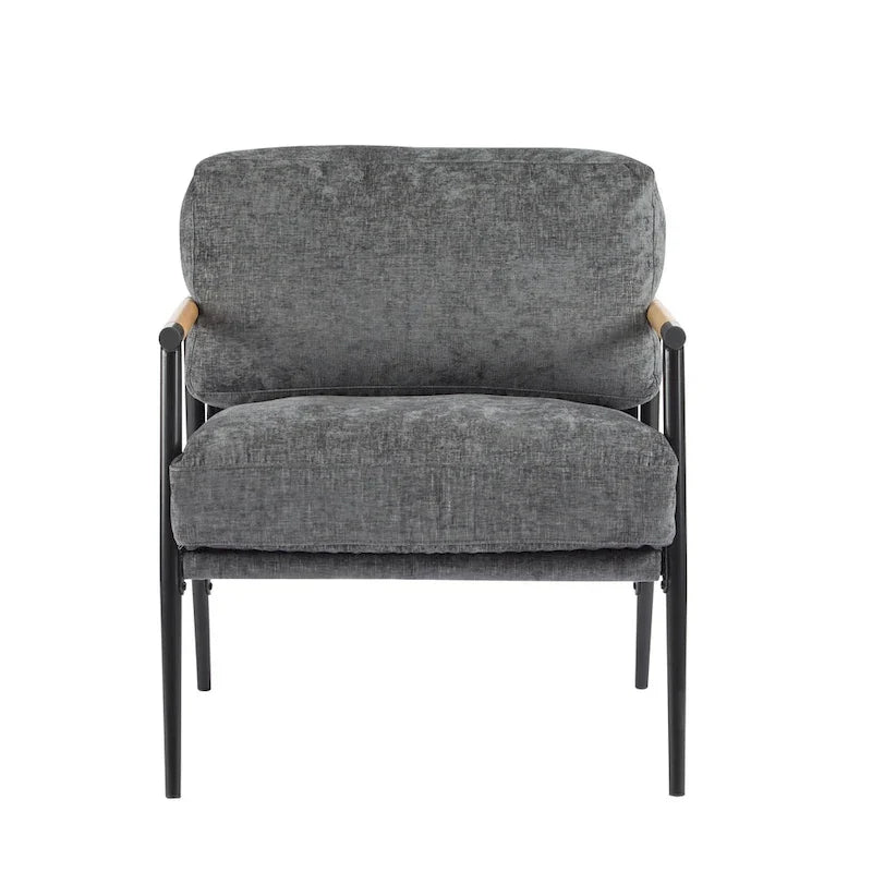 Modern Accent Chair with Plush Cushions, Minimalist Metal Frame, and Wooden Armrest Design