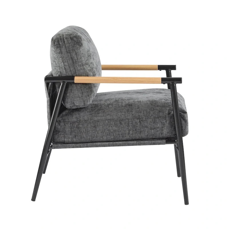 Modern Accent Chair with Plush Cushions, Minimalist Metal Frame, and Wooden Armrest Design