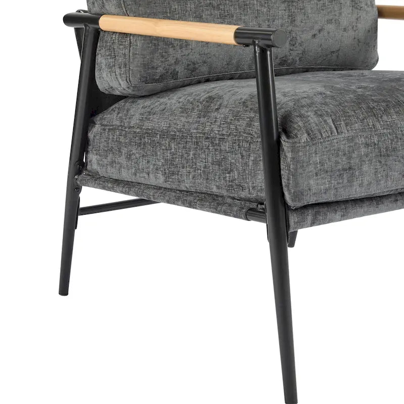 Modern Accent Chair with Plush Cushions, Minimalist Metal Frame, and Wooden Armrest Design