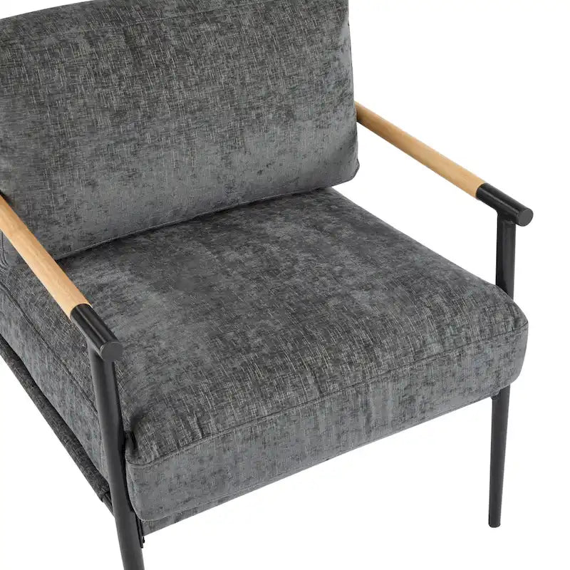 Modern Accent Chair with Plush Cushions, Minimalist Metal Frame, and Wooden Armrest Design