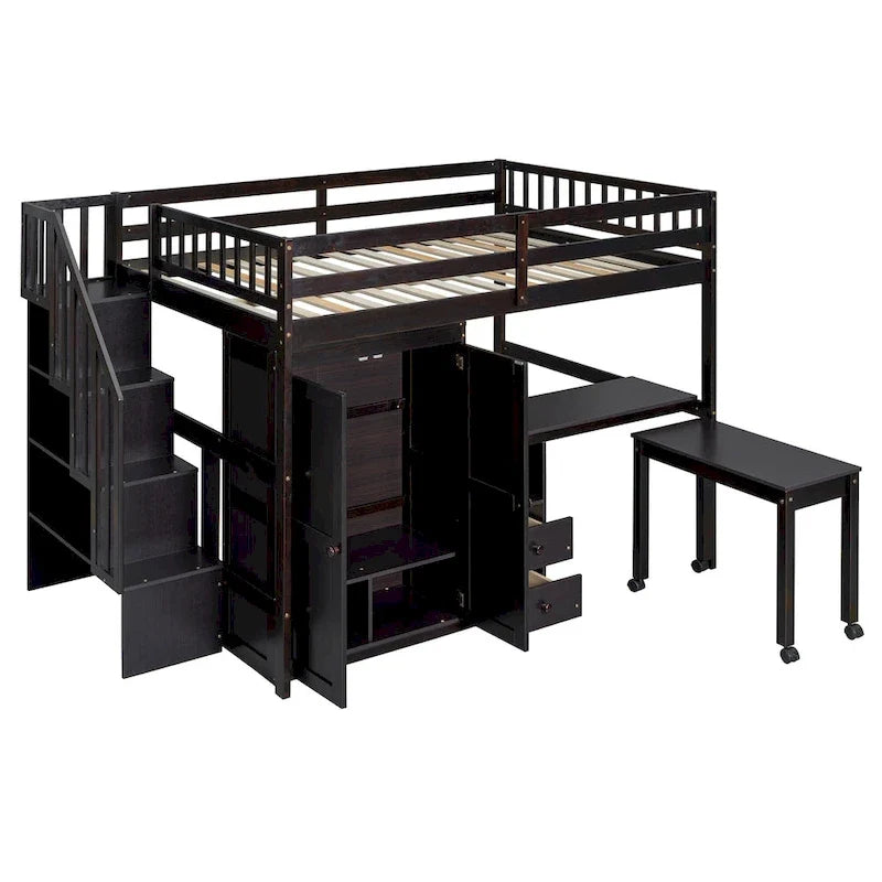 Letto a soppalco matrimoniale con scale, scrivania integrata e contenitore 5 in 1