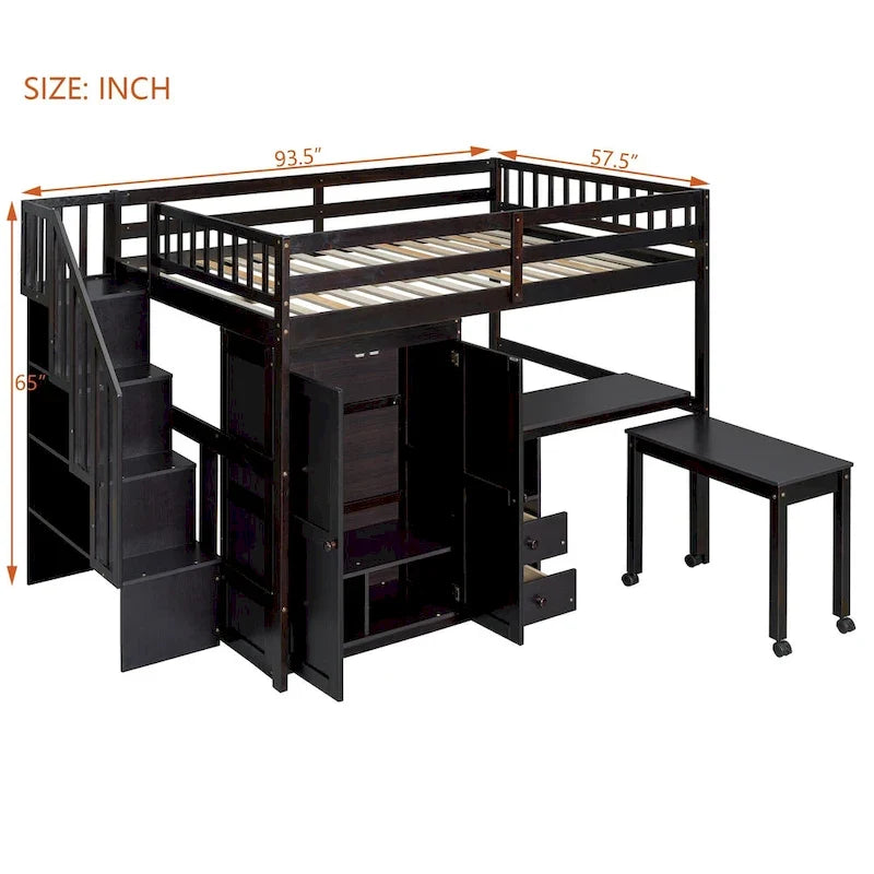 Letto a soppalco matrimoniale con scale, scrivania integrata e contenitore 5 in 1