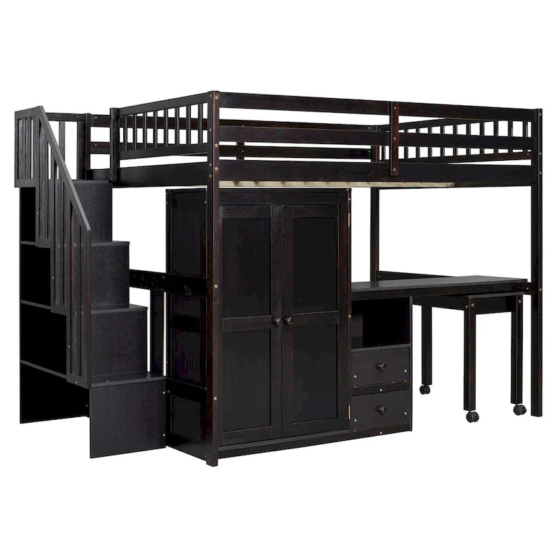 Letto a soppalco matrimoniale con scale, scrivania integrata e contenitore 5 in 1
