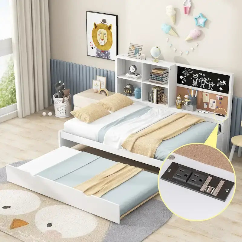 Divano letto singolo in pino con lavagna, USB e letto estraibile