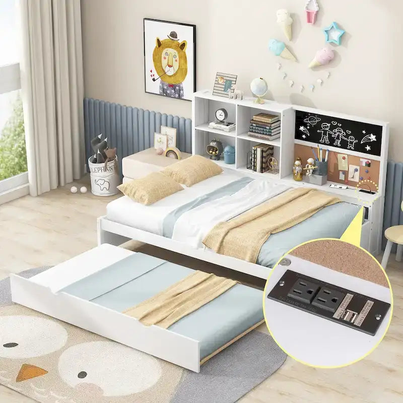 Divano letto singolo in pino con lavagna, USB e letto estraibile