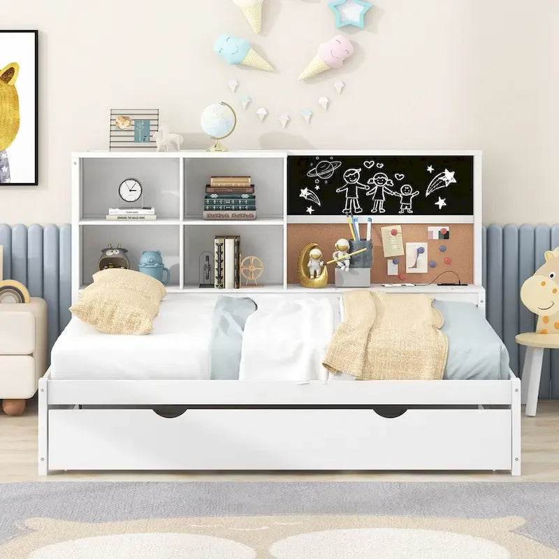 Divano letto singolo in pino con lavagna, USB e letto estraibile