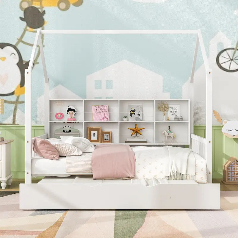 Lit enfant en bois avec tête de lit de rangement, lit cabane avec lit gigogne, lit plateforme avec support à lattes en bois
