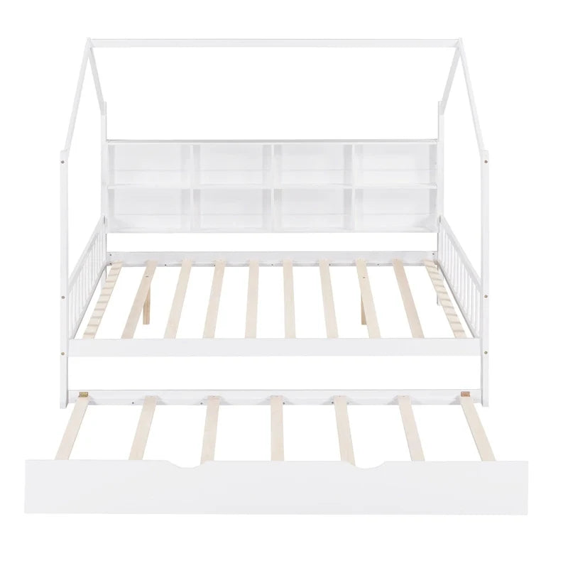 Lit enfant en bois avec tête de lit de rangement, lit cabane avec lit gigogne, lit plateforme avec support à lattes en bois