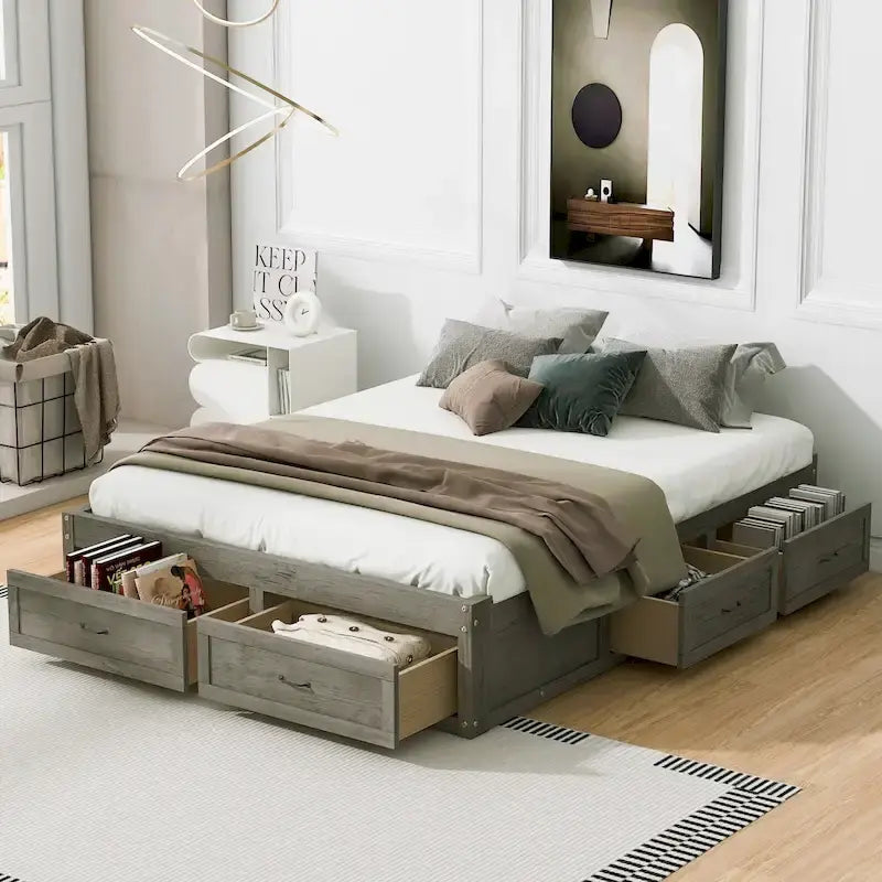 Letto a piattaforma Queen Size con 6 cassetti portaoggetti, bianco anticato