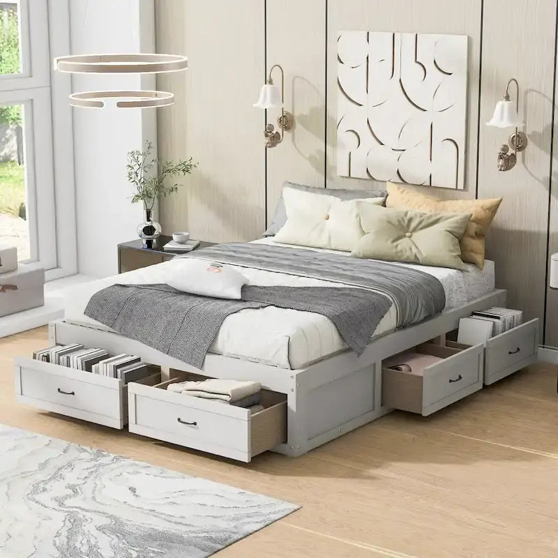 Letto a piattaforma Queen Size con 6 cassetti portaoggetti, bianco anticato