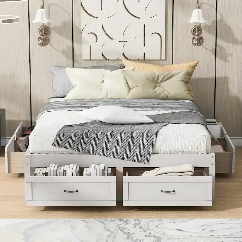 Letto a piattaforma Queen Size con 6 cassetti portaoggetti, bianco anticato