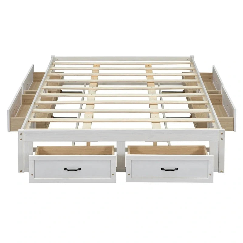 Letto a piattaforma Queen Size con 6 cassetti portaoggetti, bianco anticato