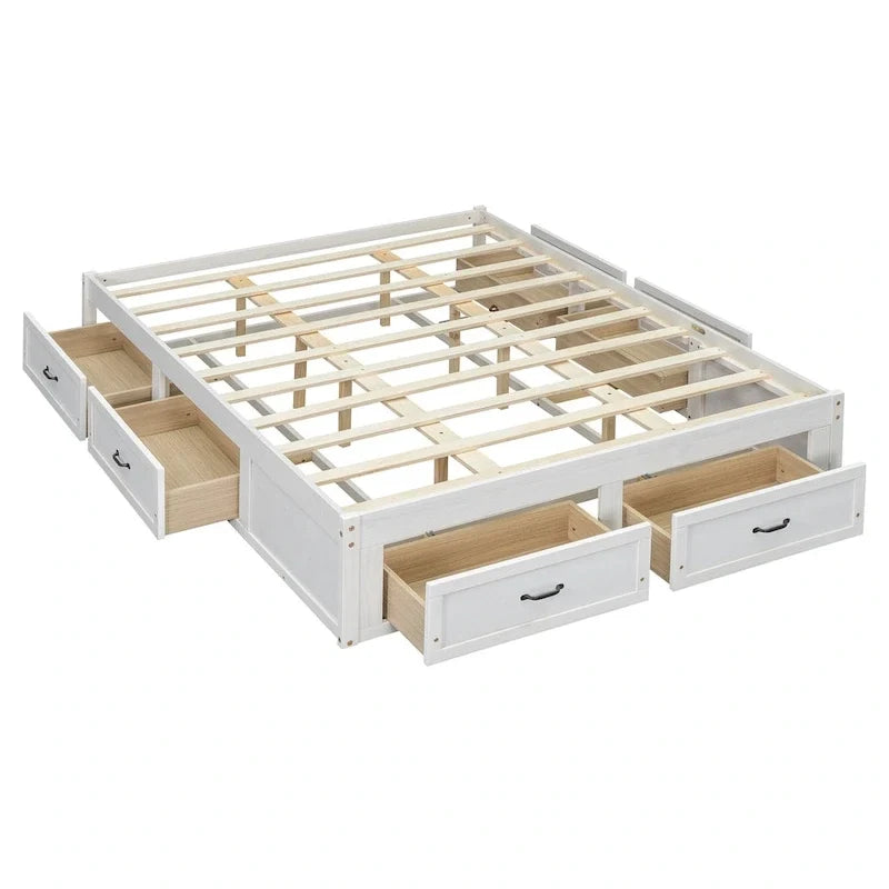 Letto a piattaforma Queen Size con 6 cassetti portaoggetti, bianco anticato