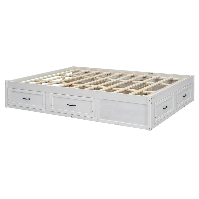 Letto a piattaforma Queen Size con 6 cassetti portaoggetti, bianco anticato