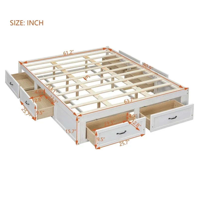 Letto a piattaforma Queen Size con 6 cassetti portaoggetti, bianco anticato
