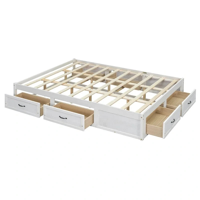 Letto a piattaforma Queen Size con 6 cassetti portaoggetti, bianco anticato