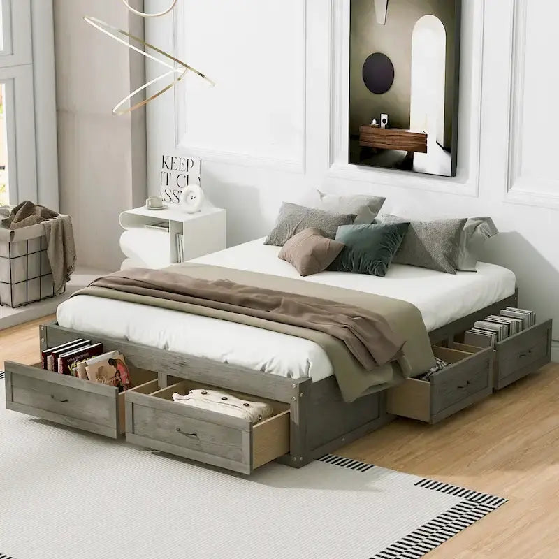 Letto a piattaforma Queen Size con 6 cassetti portaoggetti, bianco anticato