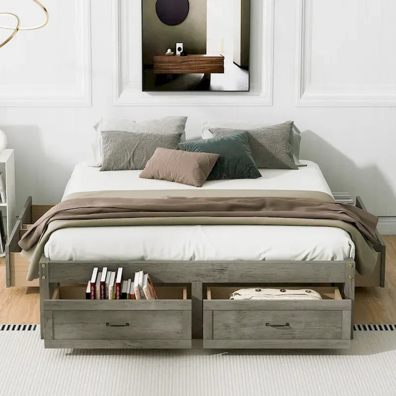 Letto a piattaforma Queen Size con 6 cassetti portaoggetti, bianco anticato