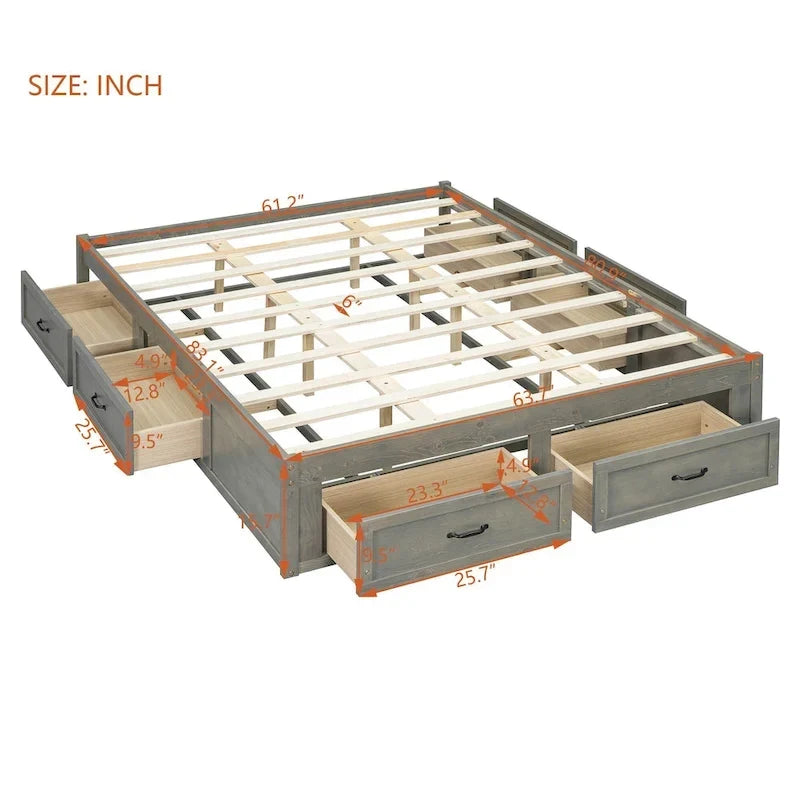 Letto a piattaforma Queen Size con 6 cassetti portaoggetti, bianco anticato