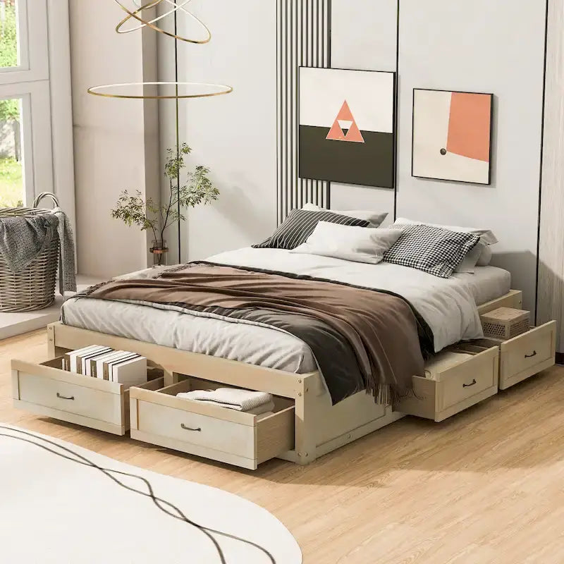 Letto a piattaforma Queen Size con 6 cassetti portaoggetti, bianco anticato
