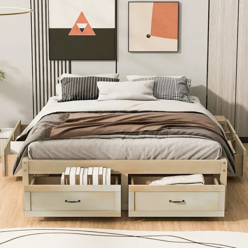 Letto a piattaforma Queen Size con 6 cassetti portaoggetti, bianco anticato