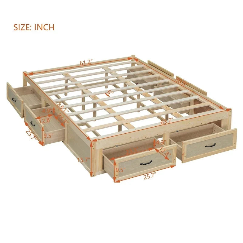 Letto a piattaforma Queen Size con 6 cassetti portaoggetti, bianco anticato