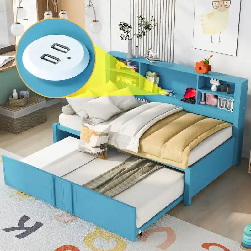 Letto a giorno in metallo matrimoniale con rotelle matrimoniali, mensole portaoggetti, porte USB