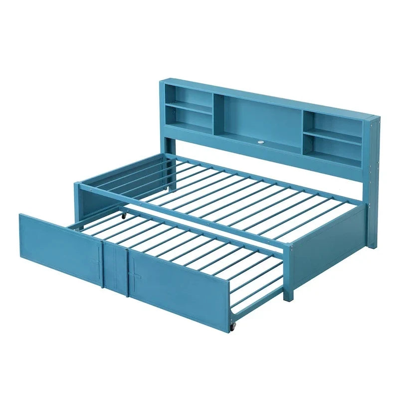 Letto a giorno in metallo matrimoniale con rotelle matrimoniali, mensole portaoggetti, porte USB