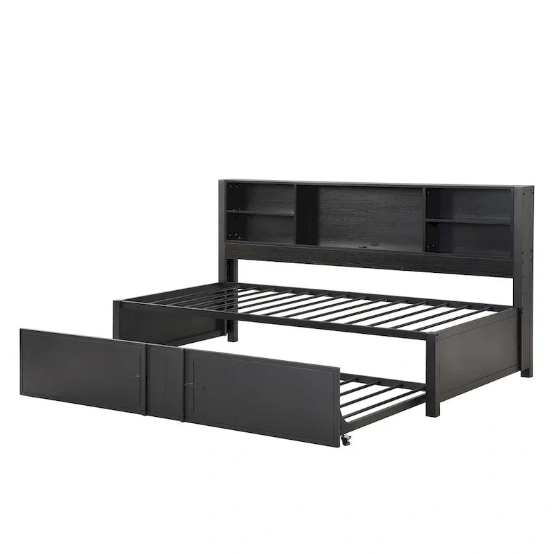 Letto a giorno in metallo matrimoniale con rotelle matrimoniali, mensole portaoggetti, porte USB