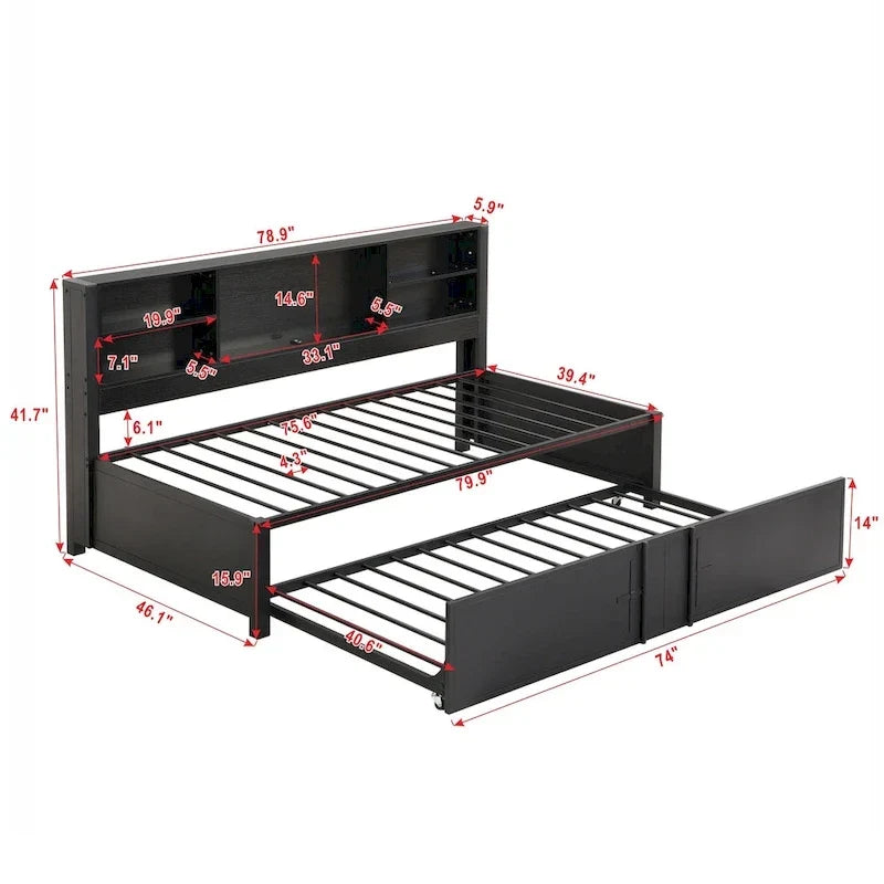 Letto a giorno in metallo matrimoniale con rotelle matrimoniali, mensole portaoggetti, porte USB