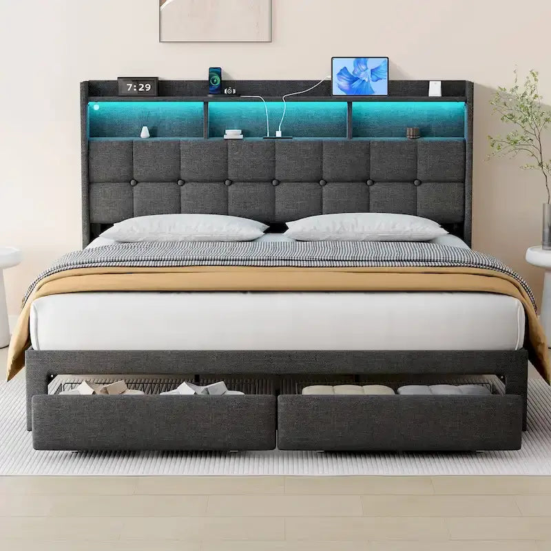 Lit plateforme King avec tête de lit de chargement, lumières RVB et ports USB 20W