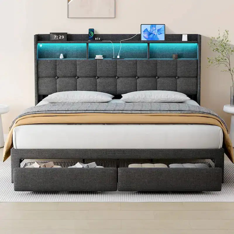 Lit plateforme King avec tête de lit de chargement, lumières RVB et ports USB 20W