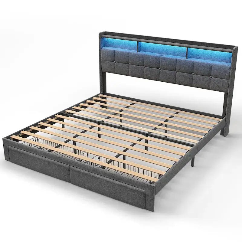 Lit plateforme King avec tête de lit de chargement, lumières RVB et ports USB 20W