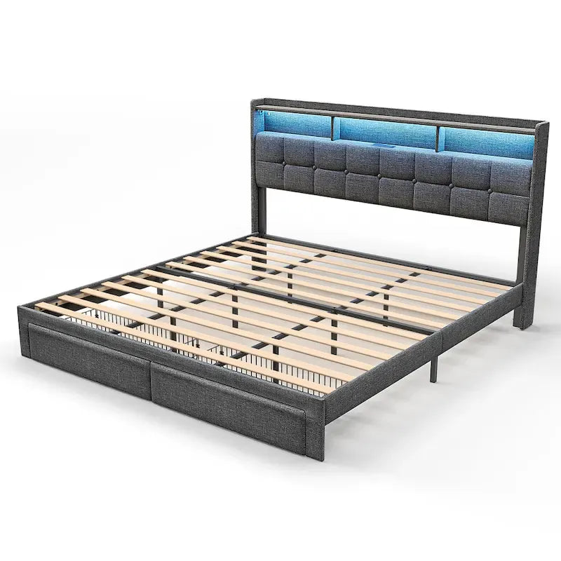 Lit plateforme King avec tête de lit de chargement, lumières RVB et ports USB 20W