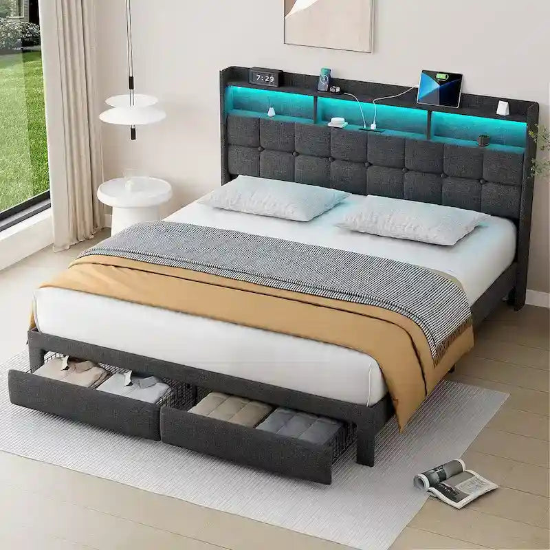 Lit plateforme King avec tête de lit de chargement, lumières RVB et ports USB 20W