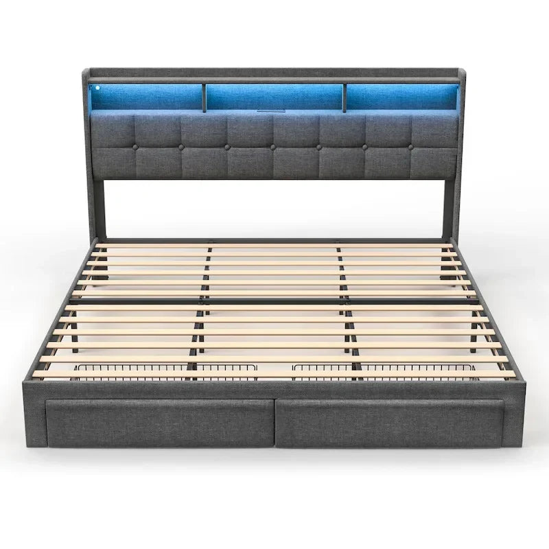 Lit plateforme King avec tête de lit de chargement, lumières RVB et ports USB 20W