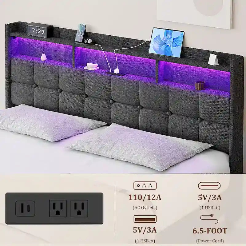 Lit plateforme King avec tête de lit de chargement, lumières RVB et ports USB 20W
