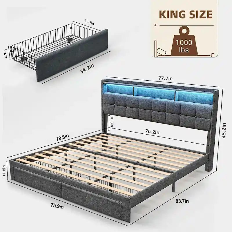 Lit plateforme King avec tête de lit de chargement, lumières RVB et ports USB 20W