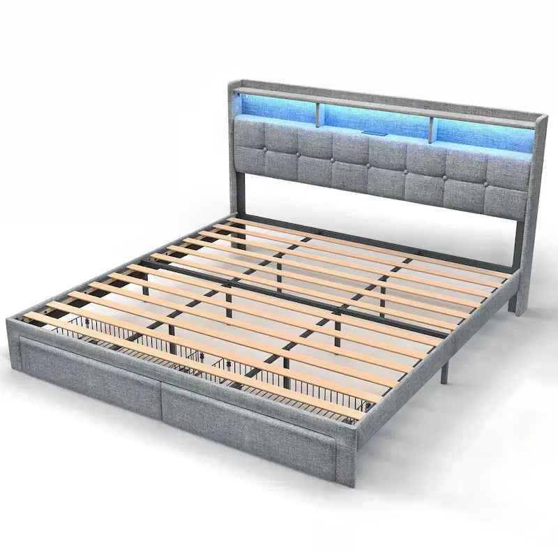 Lit plateforme King avec tête de lit de chargement, lumières RVB et ports USB 20W