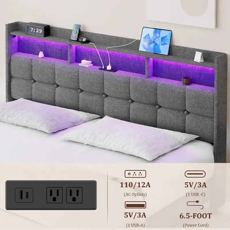 Lit plateforme King avec tête de lit de chargement, lumières RVB et ports USB 20W