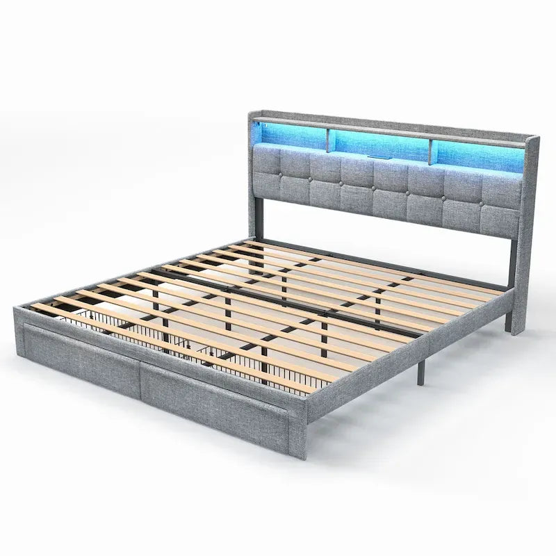 Lit plateforme King avec tête de lit de chargement, lumières RVB et ports USB 20W
