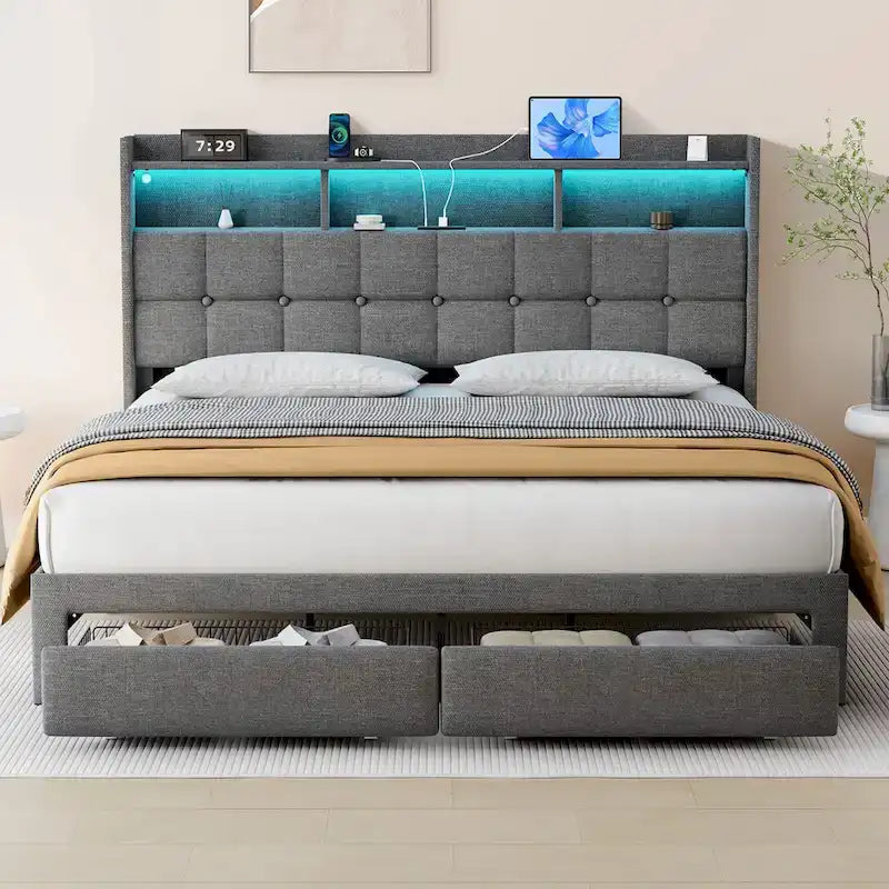 Lit plateforme King avec tête de lit de chargement, lumières RVB et ports USB 20W
