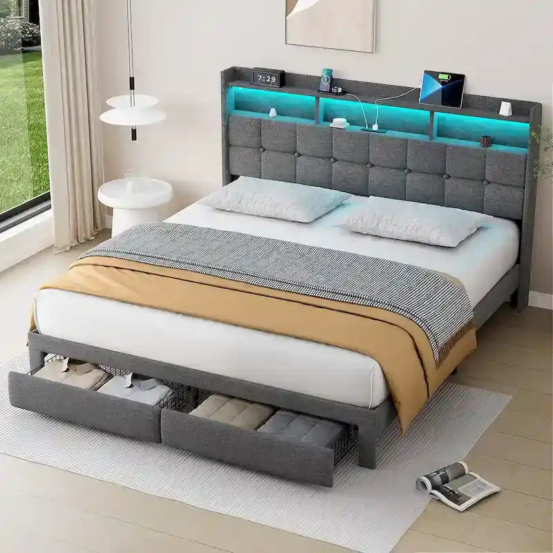 Lit plateforme King avec tête de lit de chargement, lumières RVB et ports USB 20W