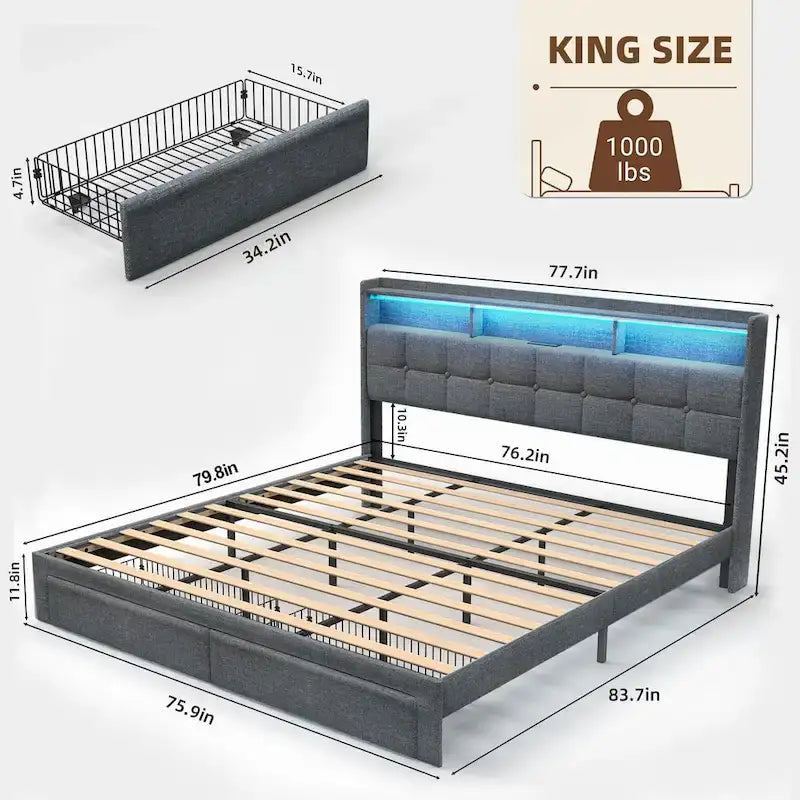 Lit plateforme King avec tête de lit de chargement, lumières RVB et ports USB 20W