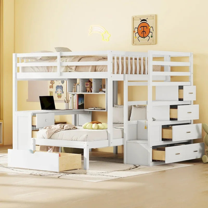 Lit superposé double sur simple avec bureau, tiroirs et étagères