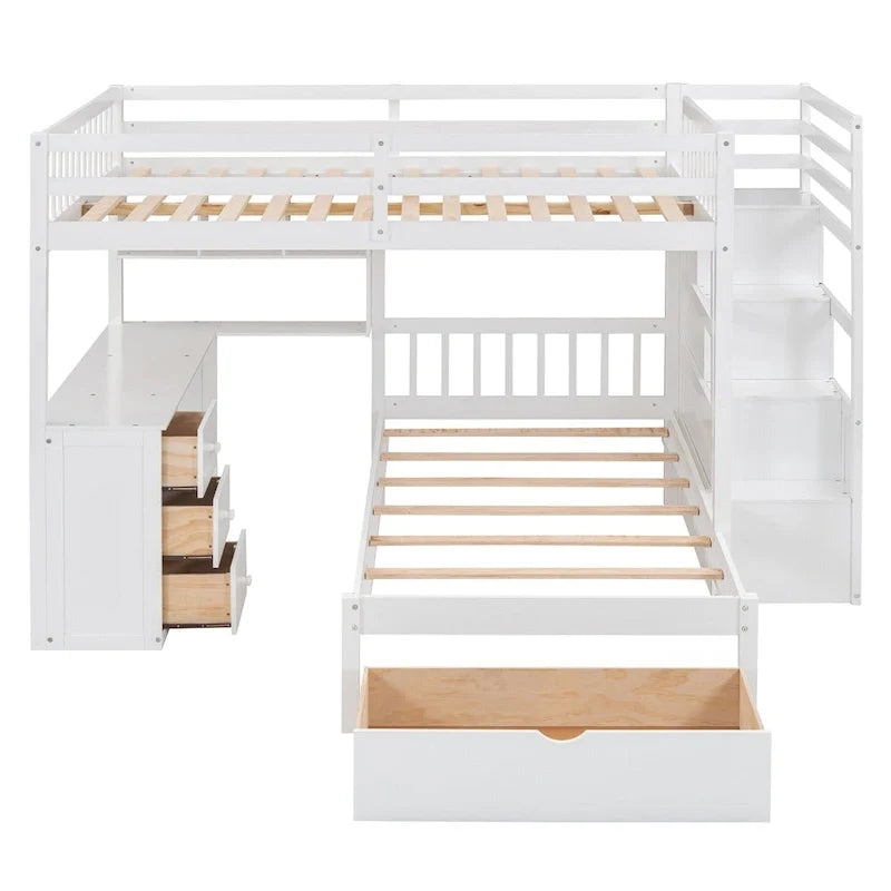 Lit superposé double sur simple avec bureau, tiroirs et étagères