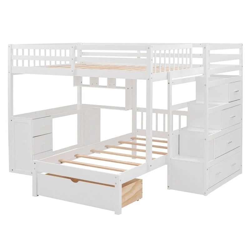 Lit superposé double sur simple avec bureau, tiroirs et étagères