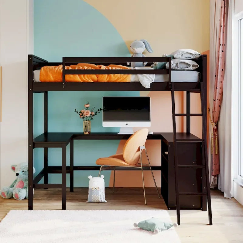 Letto a soppalco matrimoniale con mensole e scrivania, Letto a soppalco in legno con scrivania