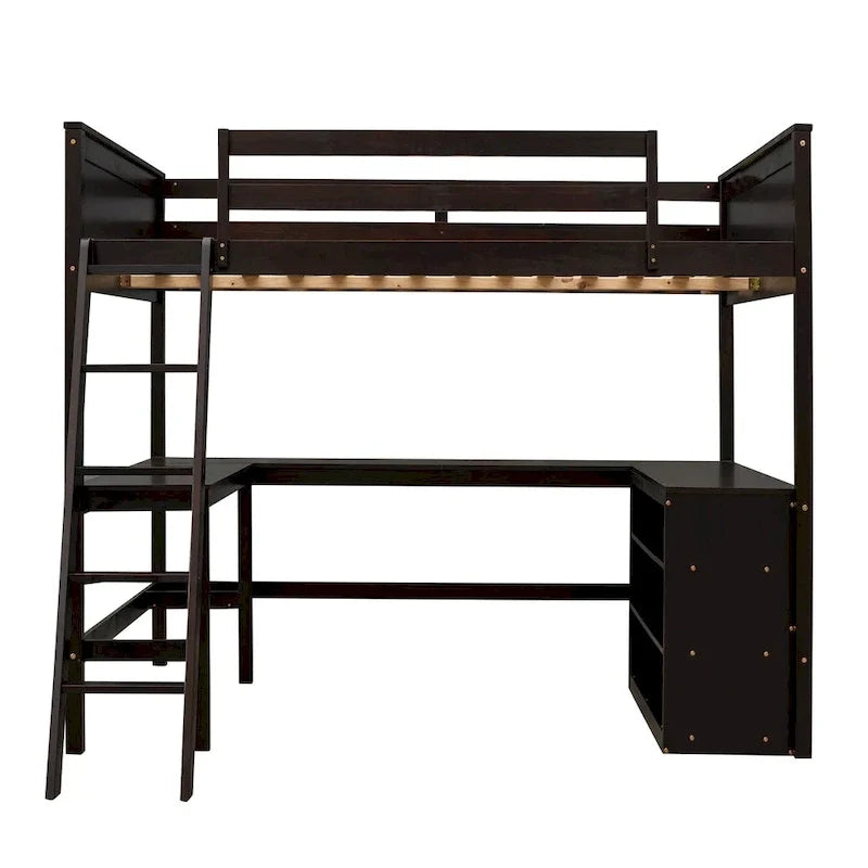 Letto a soppalco matrimoniale con mensole e scrivania, Letto a soppalco in legno con scrivania